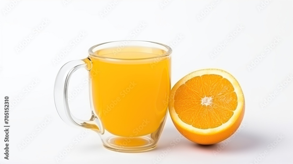 Orange juice and oranges with leaves.white background, for banner background Orange juice and oranges with leaves.white background, for banner background