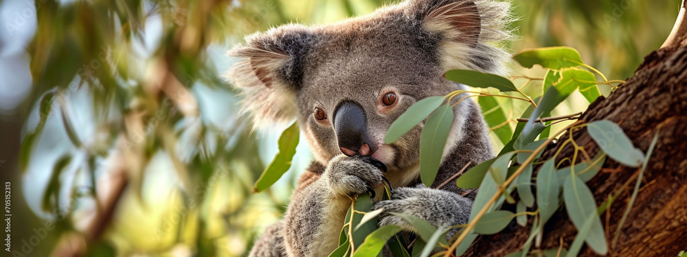 Fototapeta premium A cute koala is sitting on a tree branch