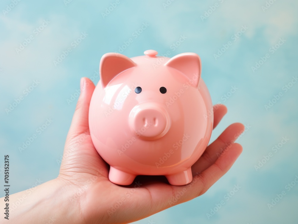 pink piggy bank in hands on a background of pastel colors