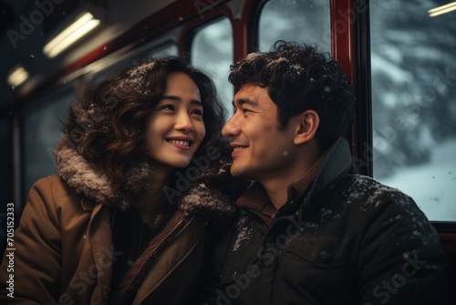 Two young Asian individuals admiring the snow from a train window while traveling in Turkey.
