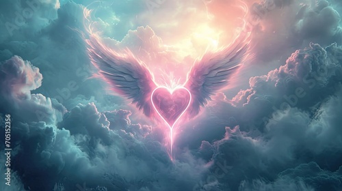 Generative AI, Pink magenta fantastic 3d clouds and heart with wings, sky and landscape. Gentle colors and with bright lights.	
