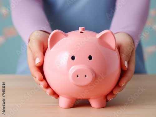 pink piggy bank in hands on a background of pastel colors