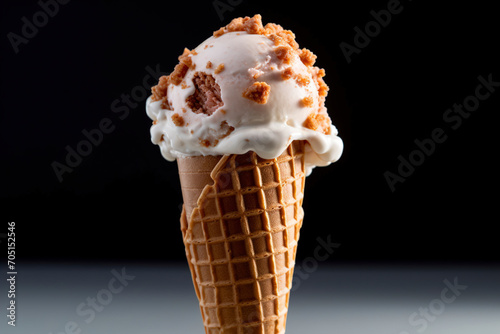A close-up view of a cone featuring gingerbread cookie dough ice cream. (Generative AI)