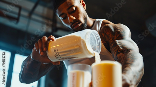 a male athlete prepares a protein shake photo