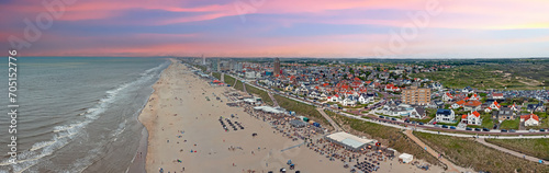 Aerial panorama from the beach at Zandvoort at the North Sea in the Netherlands at sunset