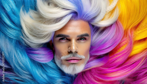 Amazing hairstyle and makup all full of colors. AI Generative.