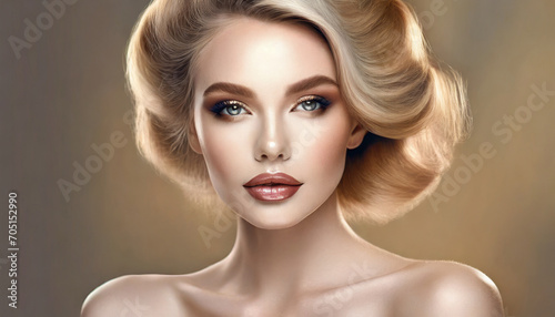 Beautiful female model with perfect makeup and amazing hairstyle photoshot session. AI Generative.