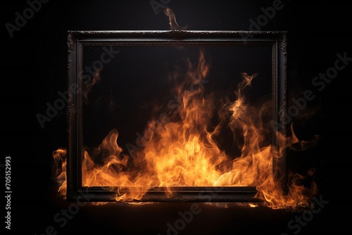 Empty picture frame in smoke over black background. Fire and smoke around Generative AI