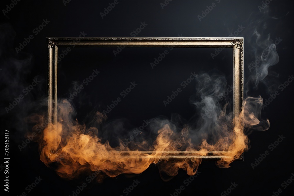 Fototapeta premium Empty picture frame in smoke over black background. Fire and smoke around Generative AI