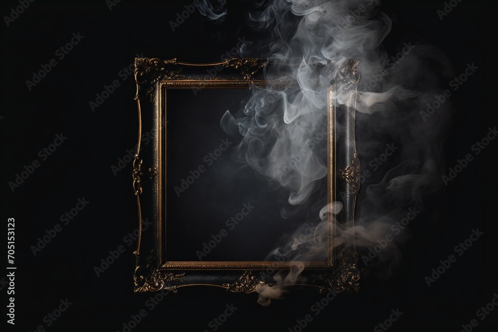 Empty picture frame in smoke over black background. Fire and smoke around Generative AI Empty picture frame in smoke over black background. Fire and smoke around Generative AI