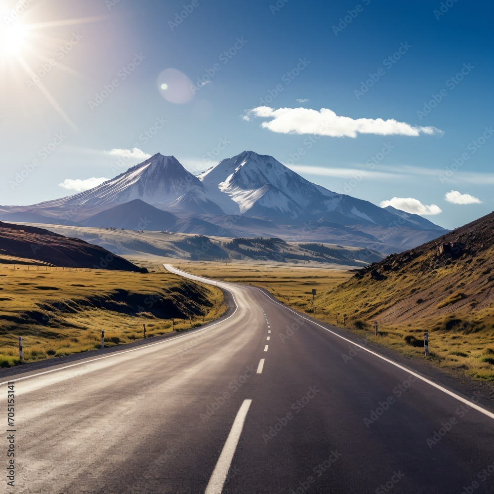Road through a mountain valley with snow capped mountains in the distance Road through a mountain valley with snow capped mountains in the distance