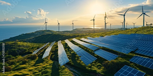 A wind and solar farm in verdant fields near the sea, promoting renewable energy and reducing carbon emissions.