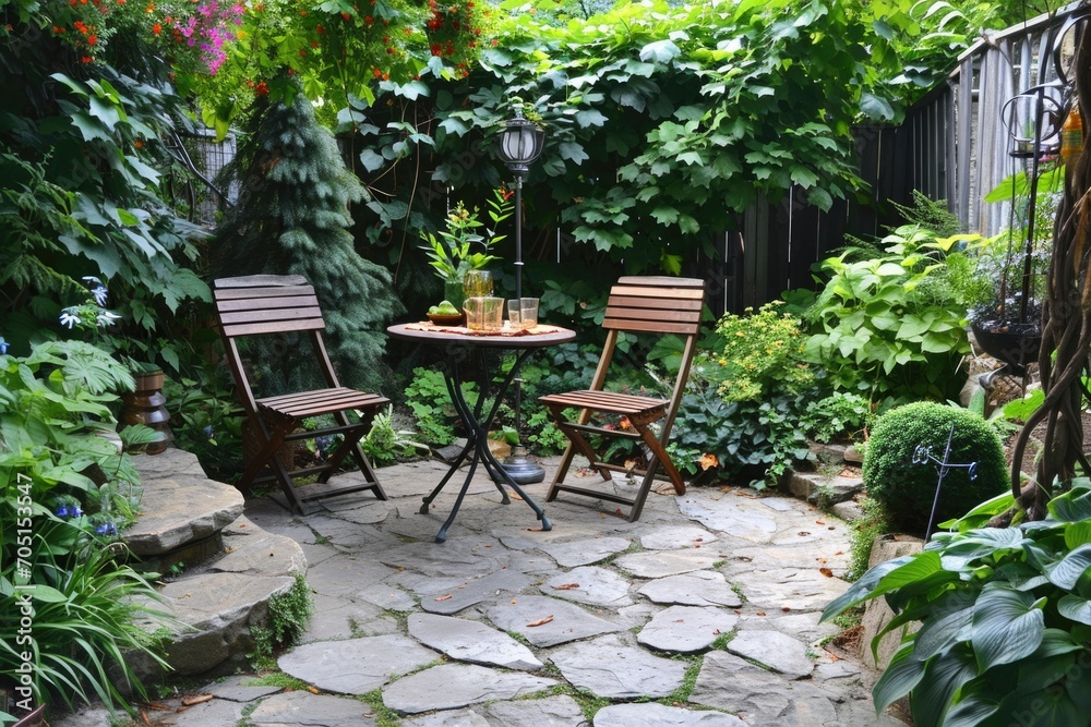 Serene Stone Garden Terrace with Table and Chairs and Lush Greenery