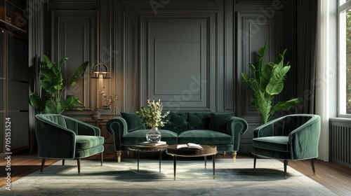 Neoclassical Living Room Interior with Green Velvet Sofa and Armchairs photo