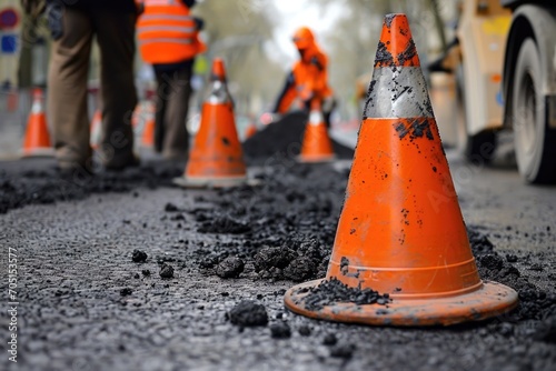 Team of Road Workers Repairing Asphalt Road with Safety Cones in Foreground