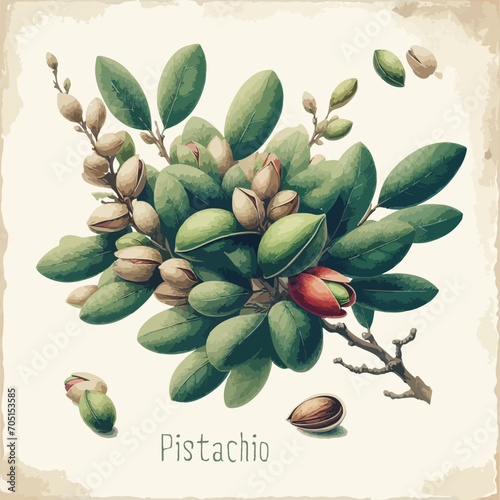 Watercolor pistachio vintage retro poster design. Vector pistachio illustration, fruits theme.