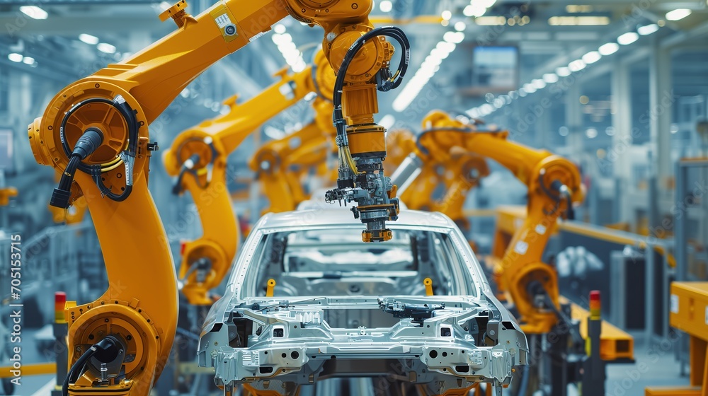 Robot Arms Assembling a Car on an Automated Production Line