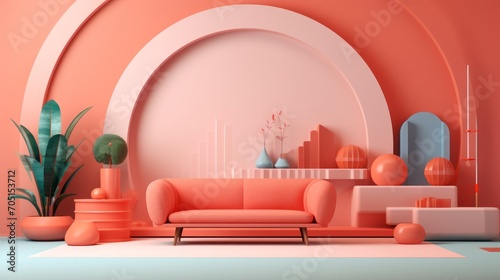 retro inspired minimalistic background.Abstract modern studio interior in shades of beige.miniature interior room with sofa in red background, monochrome single color red 3d Icon, 3d rendering © Amonthep
