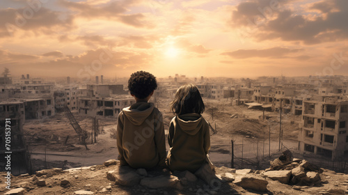 Victims of war, innocent children looking at a nuclear explosion in a city full of ruins emotional photo. Kids, fighting, combat. photo