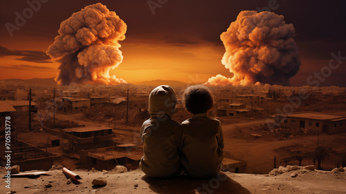 Victims of war, innocent children looking at a nuclear explosion in a city full of ruins emotional photo. Kids, fighting, combat. photo