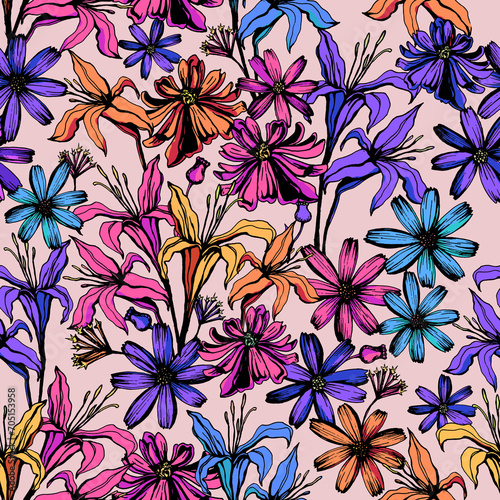 Colorful Flowers Decorative seamless pattern. Repeating background. Tileable wallpaper print.