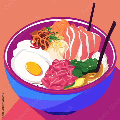 Bibimbap Rice, vegetables, minced marinated beef, spicy sauce and egg yolk