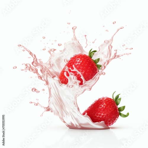 3d rendering milk and yogurt splash with strawberries isolated on the white background.	