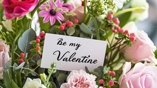 inscription be my Valentine written on a piece of paper in a bouquet of pink flowers, pastel colors, congratulation, holiday, celebration, love, romance, date, bloom, nature, still life