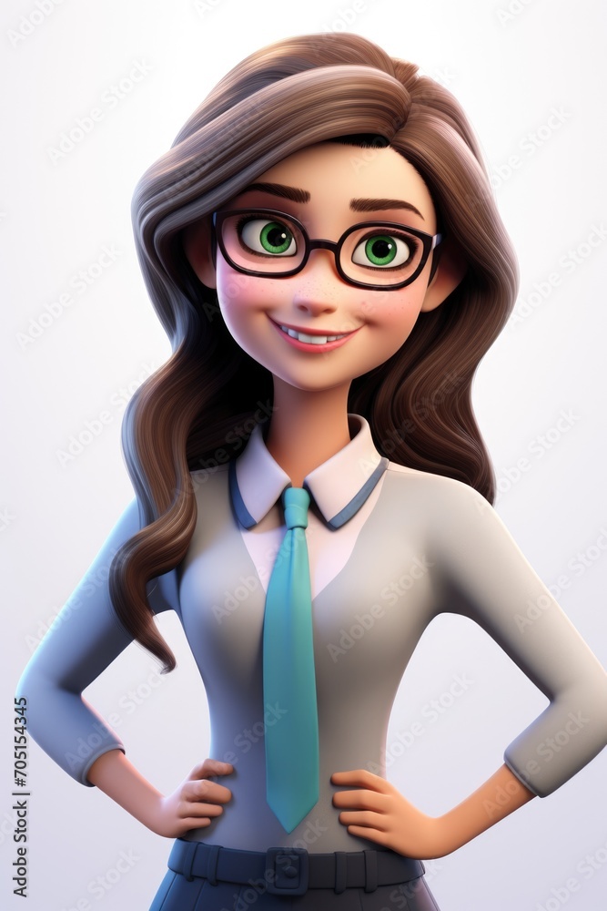 Business woman 3d cartoon character smiling wear glasses