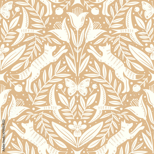 Hand drawn floral woodland seamless pattern, decorative animals, fox, bird, flowers seamless pattern