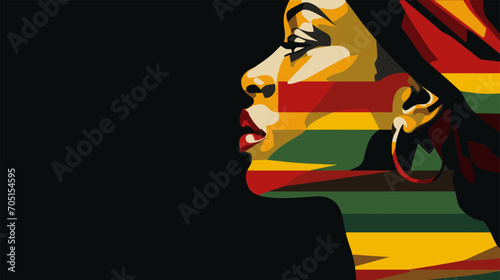 Black History Month background in vector. African-American woman face in profile over red yellow green black colors background. Juneteenth freedom day. Racial equality, freedom, human rights day.