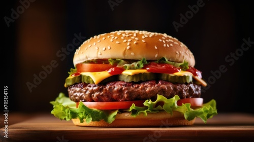 Juicy and tasty hamburger on a wooden table