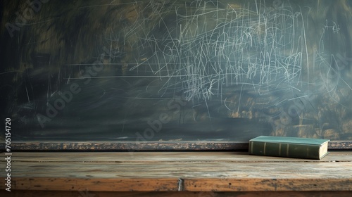 Vintage classroom blackboard with chalk scribbles and an old textbook