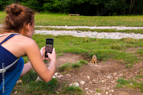 Taking photo of an European ground squirrel in Slovakia