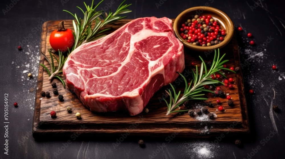 Raw fresh meat on wooden board on dark background, ribeye steak Raw fresh meat on wooden board on dark background, ribeye steak