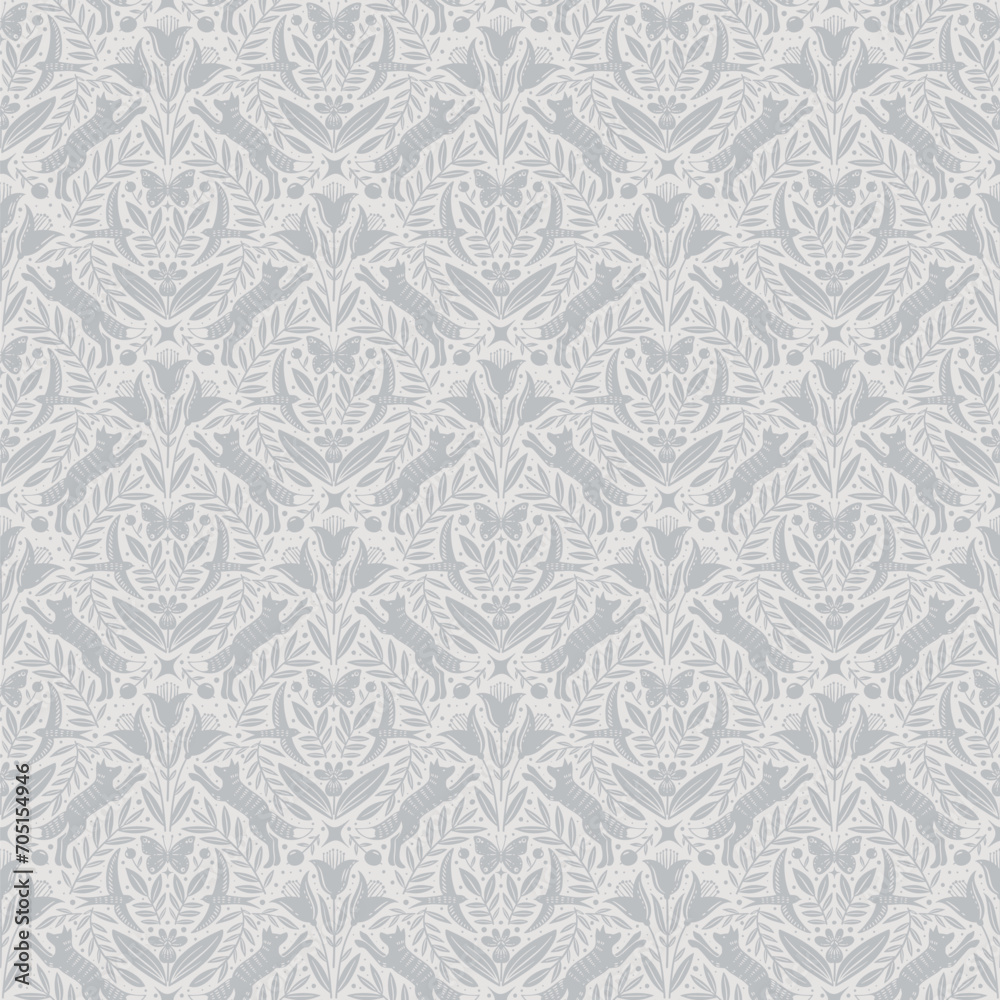 Hand drawn floral woodland seamless pattern, decorative animals, fox, bird, flowers seamless pattern