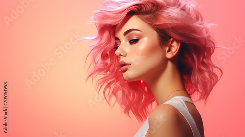 Beautiful girl with pink hair on a pink background