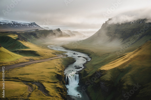Iceland waterfall in the fog landscape background