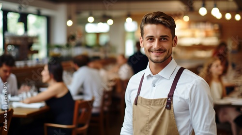 Confident waiter in apron standing in restaurant
