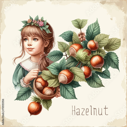 Watercolor hazelnut vintage retro poster design. Vector hazelnut illustration, fruits theme.