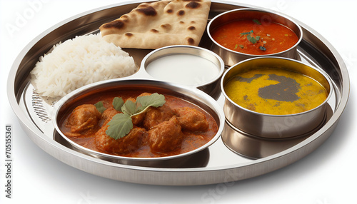 Indian cuisine thali set out against a white background