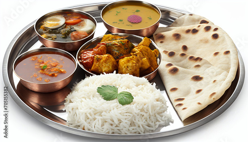 Indian cuisine thali set out against a white background photo