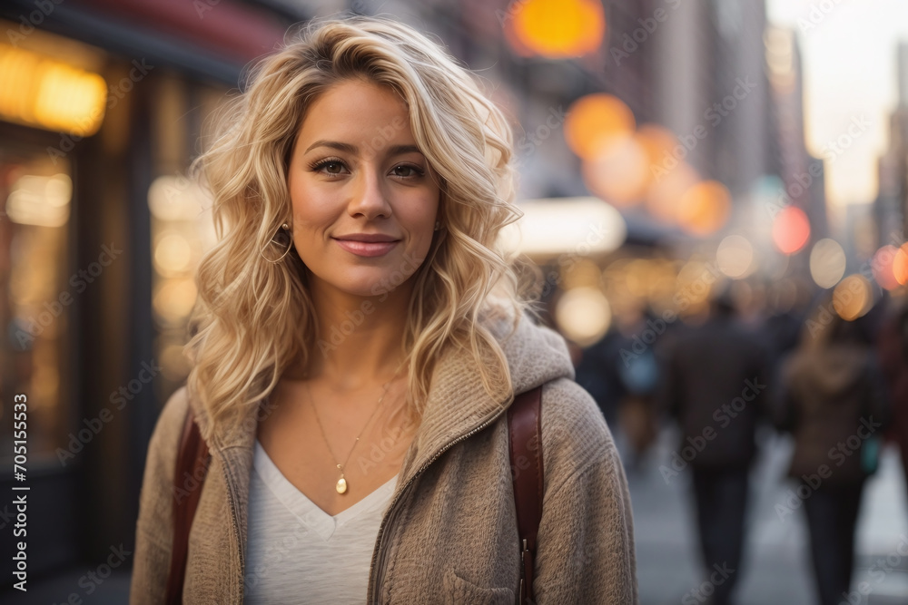 Portrait of a adult blonde woman in New York city street