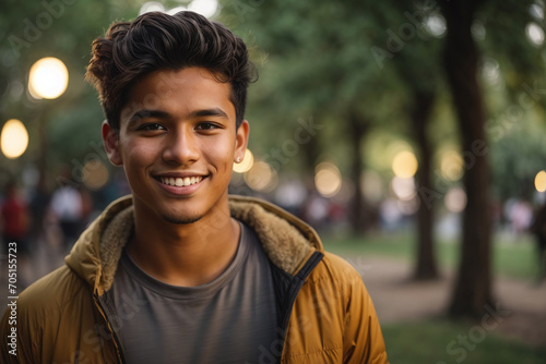 portrait of a young student mexican man in park	 photo