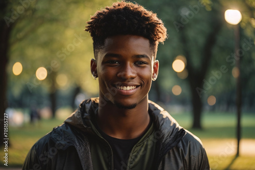 portrait of a young student black man in park #705155727