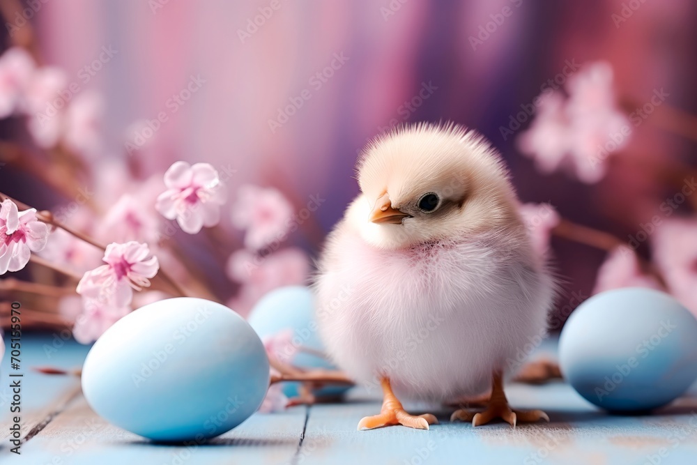 Easter background: fluffy chick with easter eggs and spring flowers on a pink background
