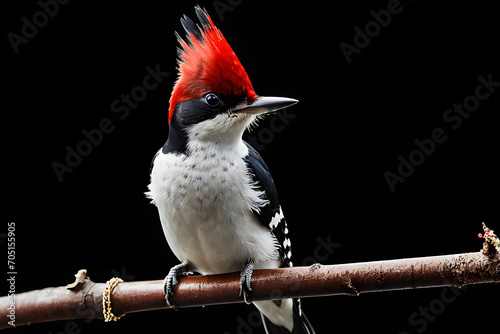 Close up, full body portrait of a red headed woodpecker sitting on a stick. Generative AI