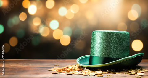 St. Patrick's Day celebration concept - traditional Irish green hat on wooden table top, background with golden bokeh