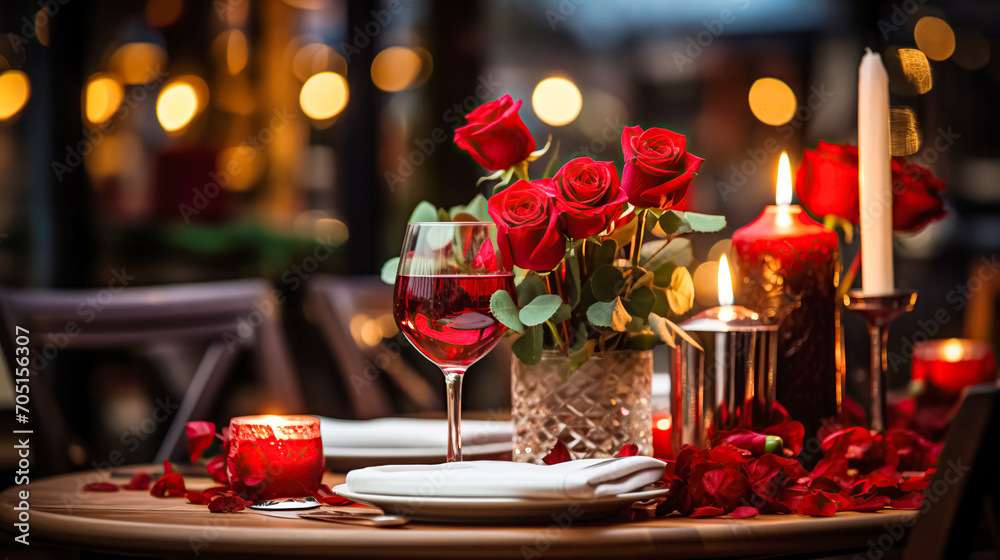 Festive table setting with elegant wine glasses and beautiful red roses on a Valentine's Day background, Romantic dinner