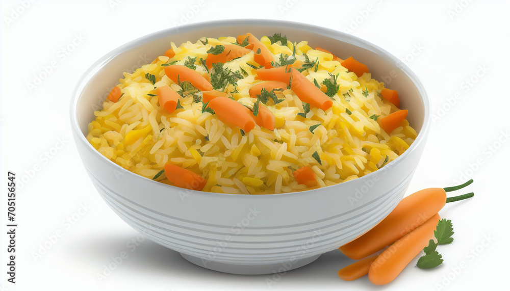A white background with a single carrot and saffron-topped pilaf A white background with a single carrot and saffron-topped pilaf